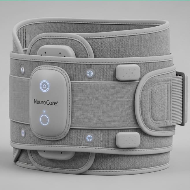 Product render of the NeuroCore brace, showing the central control module and sensor pods.