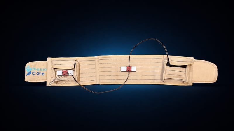 The NeuroCore prototype belt on a dark studio background.