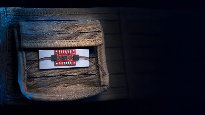 Close-up of the hip sensor pod pocket on the NeuroCore prototype belt.
