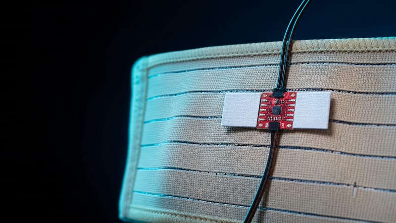 Close-up of the lower-back sensor pod pocket on the NeuroCore prototype belt.