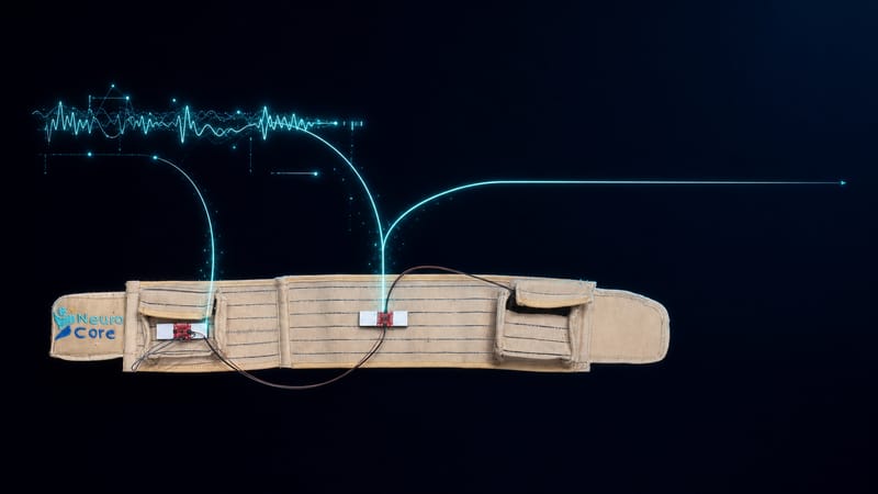The belt on a dark background with two curved traces rising from the sensors into a single waveform.
