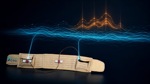 The belt on a dark background under a wide blue waveform with a cluster of orange peaks marked above it.