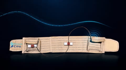 The belt on a dark background with concentric rings around one sensor pocket and a blue line curving away from it.