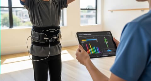 Product render of a clinician holding a tablet showing a real-time stability metrics dashboard.