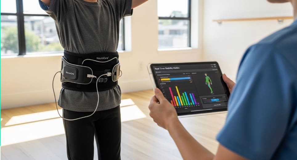 Product render of a clinician holding a tablet showing a real-time stability metrics dashboard.