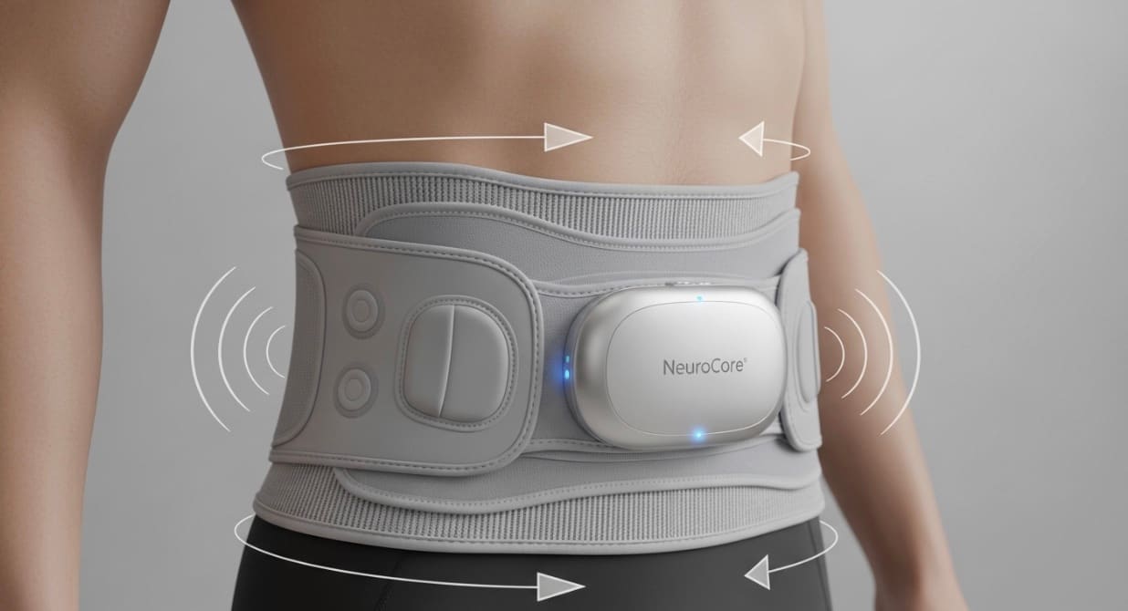 Product render of the NeuroCore brace worn at the waist, with arcs indicating vibration cues on both sides.